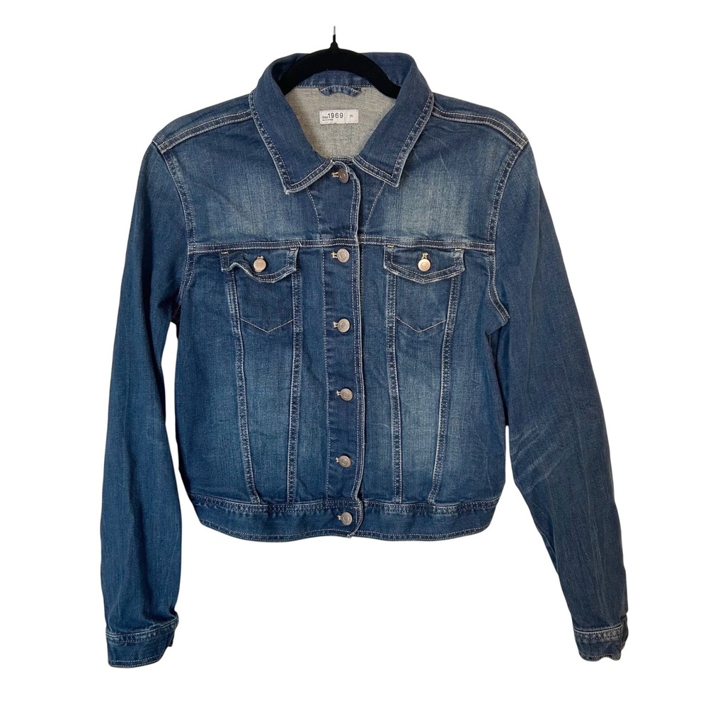 gap 1969 women's medium denim blue jean jacket medium to dark wash casual